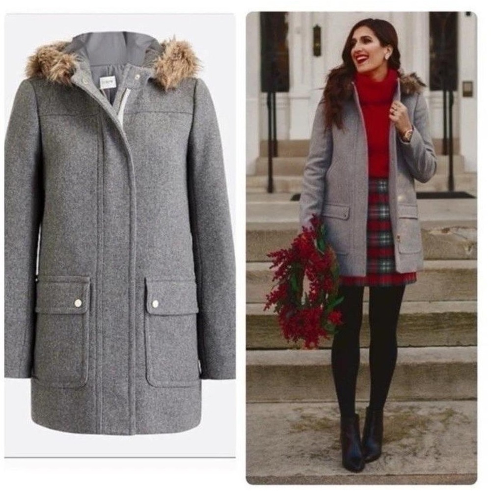 J. Crew Gray Wool Blend Snap Faux Fur Hooded Coat Women Size 0 Old Money Capsule